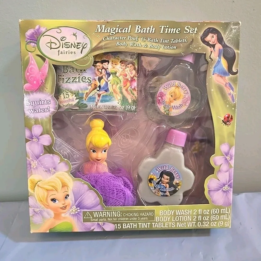 Disney Fairies Bath Time Gift Set Character Pouf Body Wash Body Lotion Bath Tint